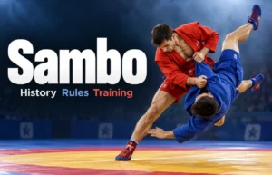 Sambo athletes performing a throw