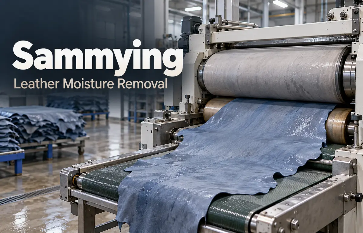 Sammying machine removing moisture from wet leather