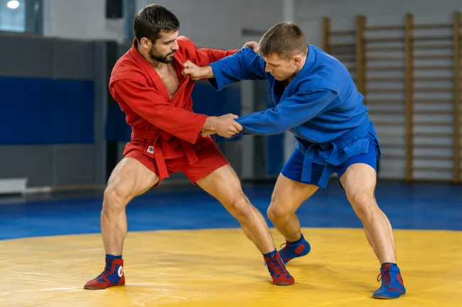Sambo athletes practicing grips and balance