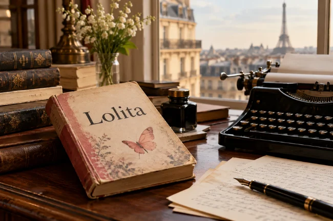 Lolita novel by Vladimir Nabokov on a vintage writing desk