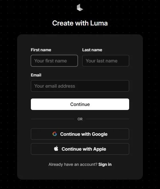 AI Candle Video Luma AI Sign-Up Form