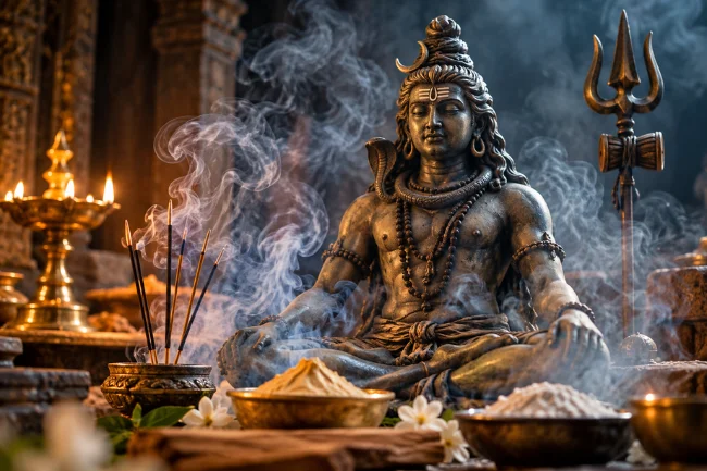 Shiva Art with Incense Smoke and Temple Lighting