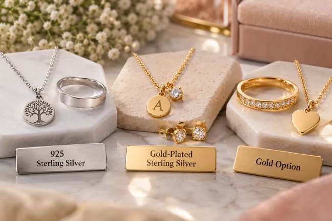 Neatie jewellery materials and finishes in silver and gold