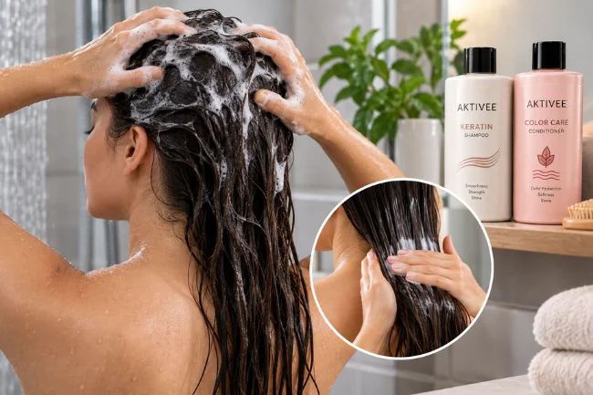 Woman washing scalp and conditioning hair with Aktivee products