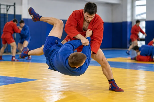 Sambo athletes practicing throws during training