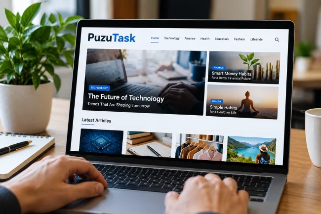 PuzuTask com article categories on laptop