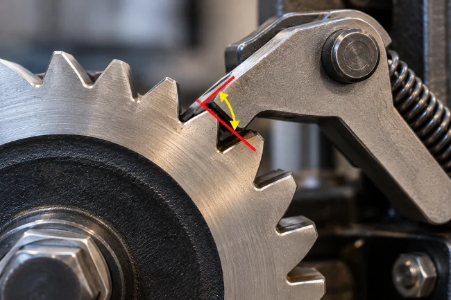Pawl tooth shape and contact angle in ratchet mechanism