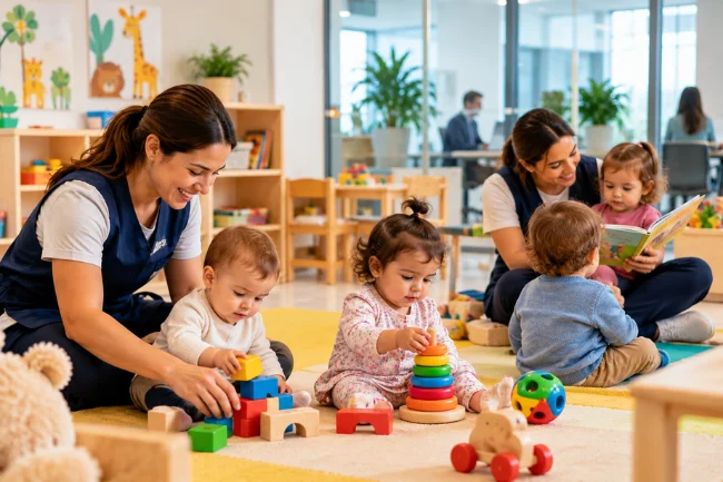 WorkandLife corporate nursery with caregivers and toddlers