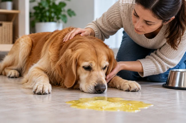 Dog Spewing Yellow While Owner Checks Its Condition