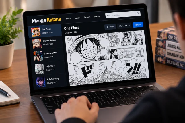 Manga Katana Japanese manga chapters on laptop