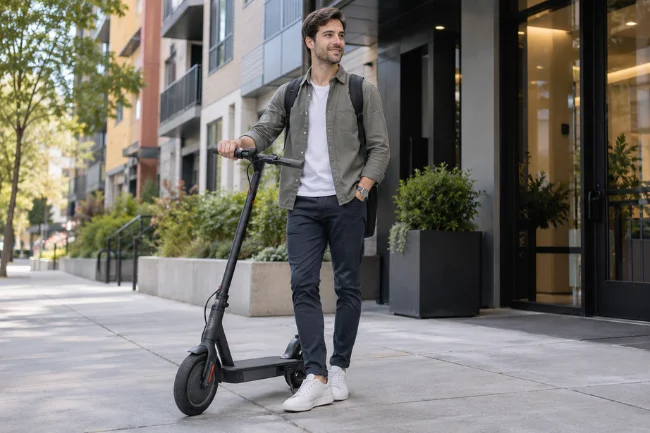 Adult commuter with Volpam Electric Scooter