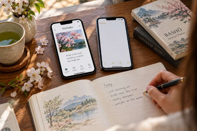 MyHaiku app compared with notes and handwritten journaling
