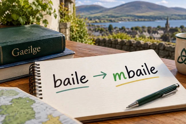 Irish grammar showing baile changing to mbaile
