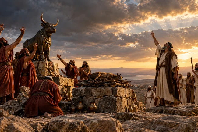 Prophet Elijah challenges Baal worshippers on Mount Carmel